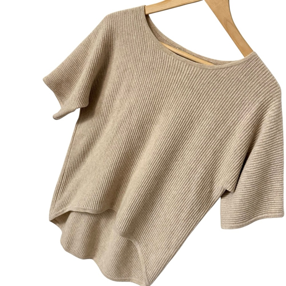 Garnet Hill Cashmere Sweater Taupe Neutral Short Sleeve Ribbed Fall Small